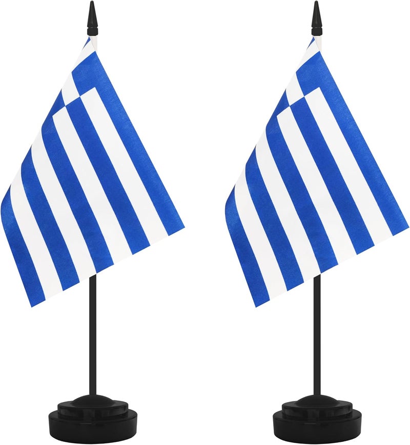 Yamiuo 2 Pack Greece Desk Flag Set, Greek Desktop Small Miniature Table Office Flag with 12" Black Pole and Black Base, Offices, Classroom, Home, Festival Decoration (Greece) - Image 1